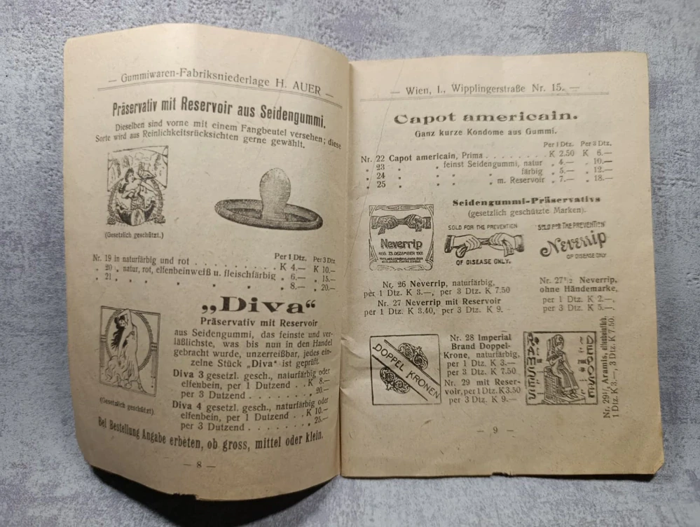 Prodejní katalog Auer Wien, RU, rok 1914, kondomy, preservativy, gumové zboží