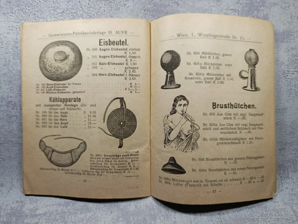 Prodejní katalog Auer Wien, RU, rok 1914, kondomy, preservativy, gumové zboží