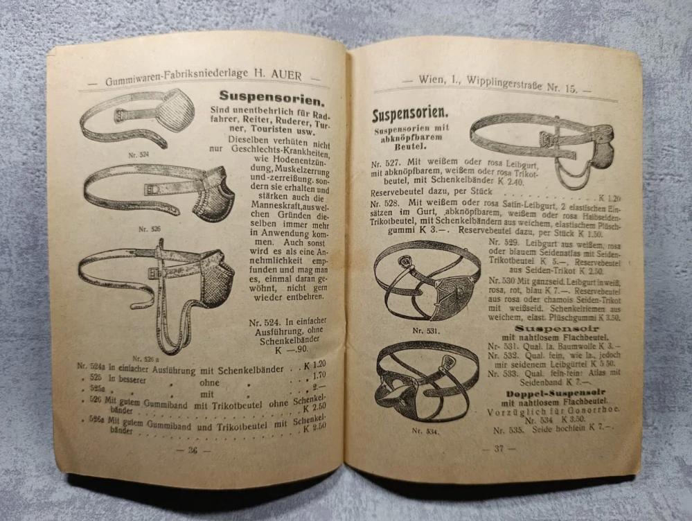 Prodejní katalog Auer Wien, RU, rok 1914, kondomy, preservativy, gumové zboží