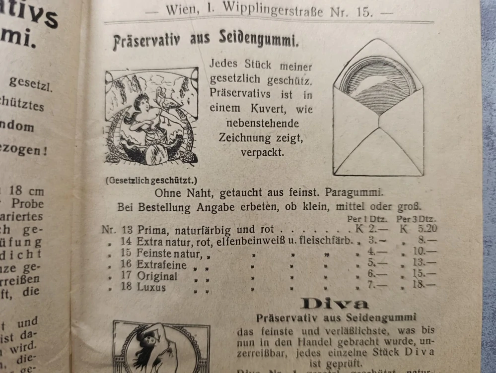 Prodejní katalog Auer Wien, RU, rok 1914, kondomy, preservativy, gumové zboží