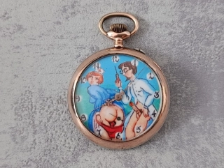 Stříbrné kapesní hodinky Thiel - erotický motiv